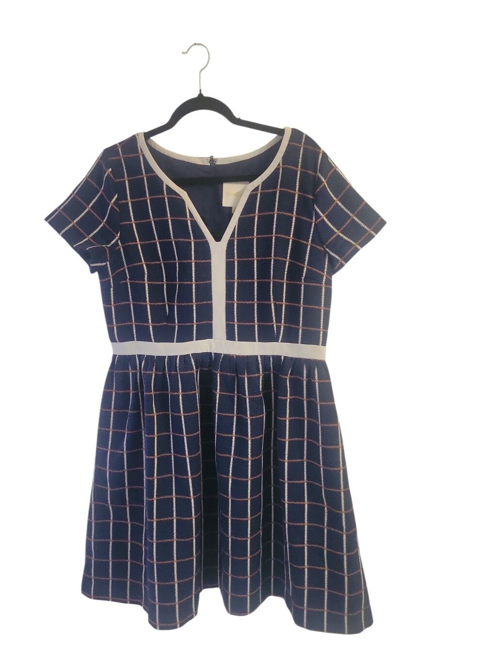 Modcloth Retro Navy W/ Brown Plaid Pattern White Trim V-Neckline & Waist XL